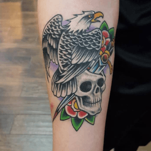 Awesome eagle and skull tattoo by Adam Kaplan #eagle #skull #rose #dagger #traditional 