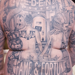 Done by Jamie Cassaboon #tattoo #tattoos #tattooart #tattooartist #adamandeve #eden #bigjoesmohegan #backpiece #backpiecetattoo #blackandgreytattoo