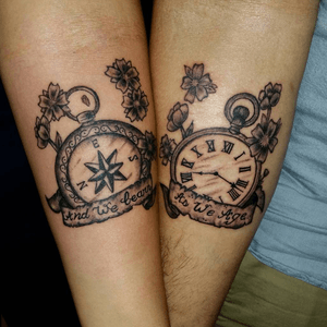 Matching couple tat by The Great #thegreat #couple #coupletattoo #compass #watch #flower 