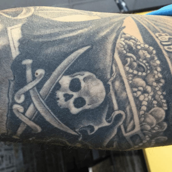 Tattoo uploaded by Cort's Royal Ink • Black and grey one this time #blackandgrey #jollyroger #pirate #treasure #chest #cortsroyalink • Tattoodo