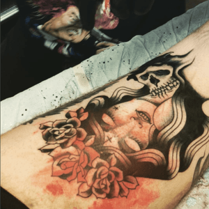 #actionshot of Jason #tattooing a #bigbadwolf #devilsrosetattoo #bluepoint #bayport #patchogue #smeared #inprogress #municipalwaste #lastcaress #lady #death #skull