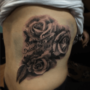 Black and grey tattoo by John Sweeney #roses #flowers #lettering #blackandgrey #johnsweeney #ny #hardknoxtattoo