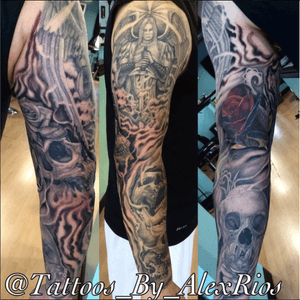 Sleeve by Alex Rios Tattoo #bronx #ny #wedtchester #yo #yonkers #alexrios #sleeve #skull #religion #blackandgrey #redrose #angel