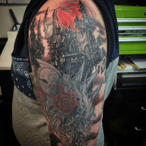 "Fallen Knight" sleeve. Added a castle to this sleeve. I think two years we have been working on this one. #inkbybuster #inkbustertattoo #sleeve #tattoosleeve #medievalsleeve #knight #rose #castle #castle tattoo #blood #bloodmoon #fallenknight