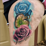 Beautiful roses and clock done by Ink Couture artist Pete Carreno. #inkcouturenyc #petecarreno #roses #clock #watch #time #bluerose #pinkrose #flowers