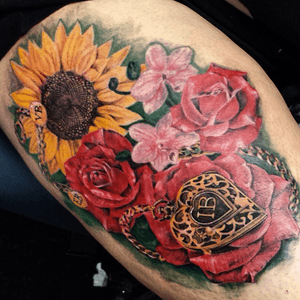 Custom piece done by javy_tattoos #beast #sunflower #rose #locket #color #flowers #floral 