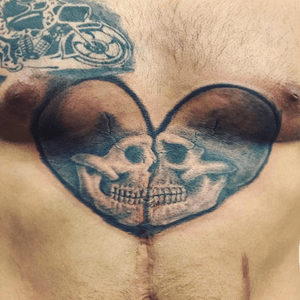 Today's work...covering a part of the big scar...continuing the piece next time :) #chinoricantattoo #scar #coverup #heart #skulls
