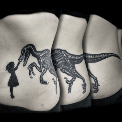 Tattoo done by Dave #tattooshop #longisland #nesconset #newyork #blacktattoos #dinosaur #girl #thecitytattoo