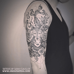 "Custom Sleeve -Wolf Girl-Tattoo" By Sarah Gaugler 💜 -www.snowtattoo.com - No two TATTOOS are exactly the same! 100% Original Custom 💜 #sarahgaugler #snowtattoo #snowtattooshop #sarahgauglertattoo #linework #linetattoos #linestattoos #detailedtattoo #blacktattoo #femaletattooartist #customtattoos #femaletattooist #turbogoth #delicatetattoo #vegantattoo #veganink