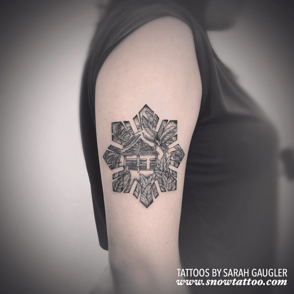 Tattoo uploaded by Snow Tattoo • "Super Detailed Custom Filipino Tattoo  with Bahay Kubo and Coconut Trees inside the Sun" By Sarah Gaugler 💜 - by  Appointment only at www.snowtattoo.com - No