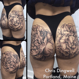 Peonies tattoo. Can't wait to finish them off in full technicolor #chrisdingwell #peonies #floral #flowers 