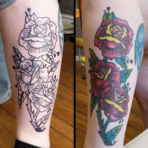 Flower tattoo before and after color #flower #floral #color #linework