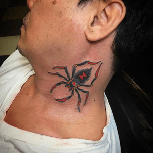 Traditional spider on the neck #spider #traditional #traditionaltattoo #necktattoo #jerseycitytattoo