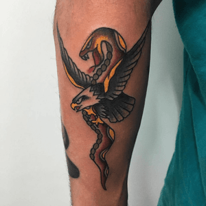 Traditional tattoo by IMANOL LARA #traditional #eagle #snake 