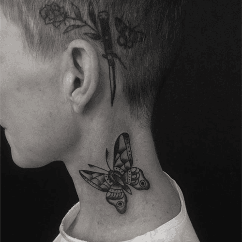 Fresh butterfly and healed head tattoos by Etienne #butterfly #head #blackwork #neck