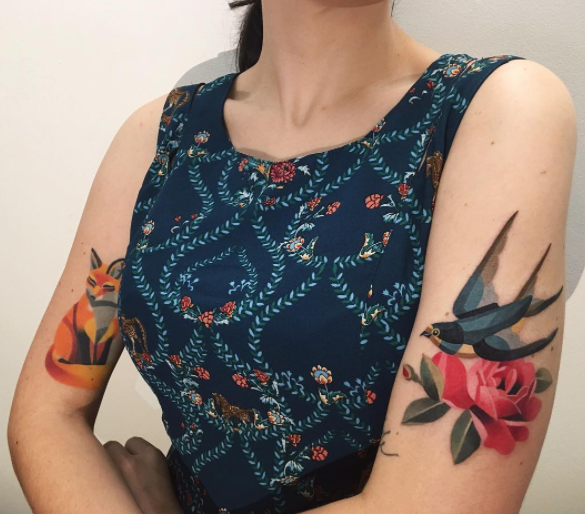 Tattoo uploaded by Sasha Unisex • #sashaunisex #Swallow with #rose was done today, #fox is healed (4 months) • Tattoodo