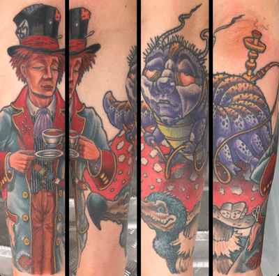 Annnd another session on Alice's sleeve 💥 Done @royaltattoodk with ink and needles! #royaltattoodk #aliceinwonderland #aliceinwonderlandtattoo #fullcolor #subepidermalentertainment