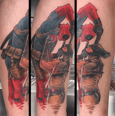 Super fun piece on a real cool guy, done with needles and the best ink possible @royaltattoodk last month💥Background to come at some stage. Art by @thetomvelez <--- #deadpool #wolverine #neverendingstory 👀 #royaltattoodk #subepidermalentertainment #gimmeabeer