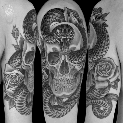 Finished skull and snake tattoo #tattoooftheday #skull #snake #blackandwhite
