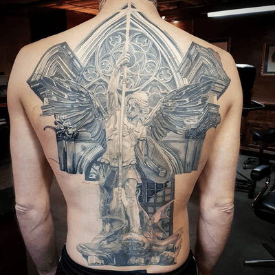 Badass black & grey back piece in progress by artist @tommy_gun1971 Tommy is now OPEN for bookings! #freedomandflesh #angeltattoo #blackandgrey #backpiece #angel #church