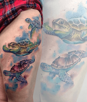 Turtle Family for Cassi, by georgihigman 💚 will get a less swollen/angry healed photo soon! Such a lovely special piece. #art #design #instaart #instagood #handtattoo #photooftheday #bodyart #amazingink #tattedup #inkedup #atelierfour #truro #cornwall #watercolour #watercolourtattoo #turtle #turtlefamily #family