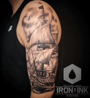 Black and Gray ship tattoo 😁 #blackandgray #ship #mattiasbech 