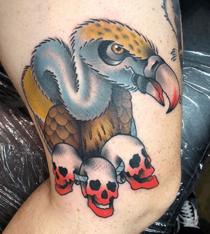 Made this vulture for my man Alex today. Thanks again buddy! #sorrymom #Traditionaltattoo #Traditionaltattoos #tattooing #oldschooltattoos #phillytattoo #colortattoos #besttattooartists #besttraditionaltattoos #cleanandbold #tattooartist #philly #neotrad #neotraditional
