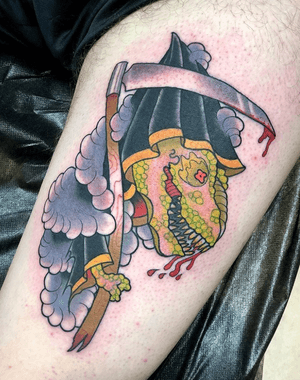 T-Rex reaper. #WeAreSorryMom #sorrymom #Traditionaltattoo #Traditionaltattoos #tattooing #oldschooltattoos #phillytattoo #colortattoos #besttattooartists #besttraditionaltattoos #cleanandbold #tattooartist #philly #neotrad #neotraditional