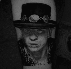 “You see, we are here, as far as I can tell, to help each other; our brothers, our sisters, our friends, our enemies. That is to help each other and not hurt each other.” Stevie Ray Vaughan #stevierayvaughan face is healed hat and clothing are fresh. Tattoo by Nikko Hurtado