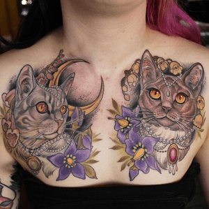 Neotraditional chest tattoo by Georgina Liliane #cats #neotraditional #GeorginaLiliane
