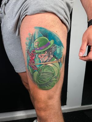 Get a stylish illustrative tattoo of the enigmatic character Riddler from DC Comics, crafted by artist Marie Terry.