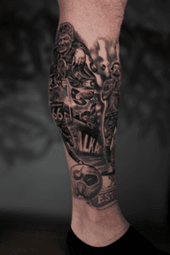 Liverpool FC leg sleeve including progress featuring Mo Salah , Steven Gerrard , Trent Alexander Arnold and Jamie Carragher to come . Stay tuned ! . . . #realism #realistic #microrealism #portraittattoo #legsleeve #footballtattoo #blackandgrey