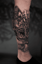 Liverpool FC leg sleeve including progress featuring Mo Salah , Steven Gerrard , Trent Alexander Arnold and Jamie Carragher to come . Stay tuned ! . . . #realism #realistic #microrealism #portraittattoo #legsleeve #footballtattoo #blackandgrey