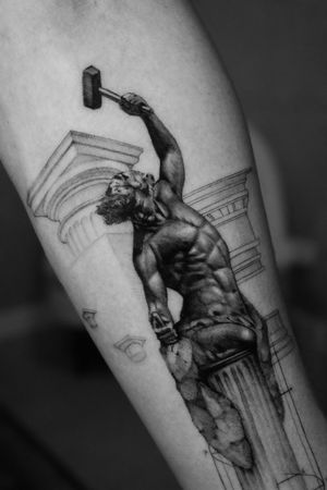 Channel your inner self-made man with this detailed tattoo of architectural columns and statues, expertly done by Light Grays.