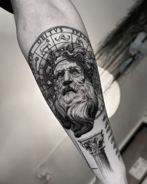 Immerse yourself in mythology with this fine line black and gray micro-realism tattoo by Jay Soze.