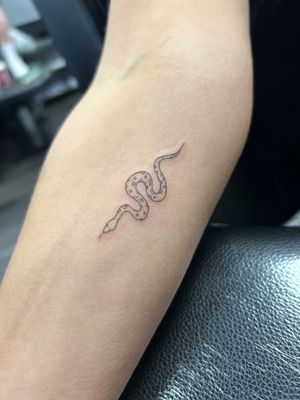 An intricate fine line and illustrative snake design, perfect for those looking for a delicate and dainty tattoo. Created by talented artist Ellie Shearer.