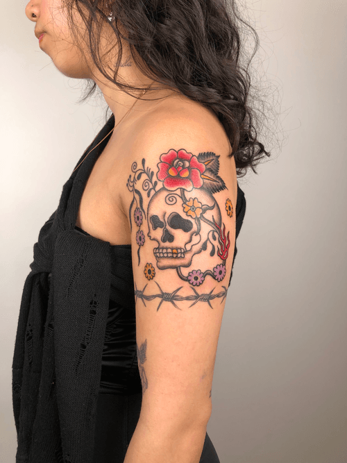 Floral Skull with Barbed Wire