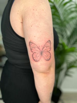Experience the intricate beauty of dotwork and fine line techniques in this dainty and beautiful illustrative butterfly tattoo by Ellie Shearer.