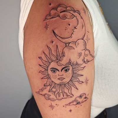 Dreamy tattoo design featuring clouds, sun, moon in a traditional woodcut style by the talented artist Katia Barria.