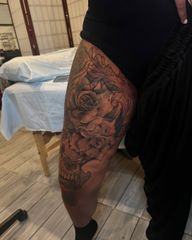 Super realism L E G • S L E E V E Of some of my favorite things roses , filigree & animal skull in the making. We Plan to fill entire skin on this one. Trust in the process 🫡 taking appointments Garden City & Ridgewood