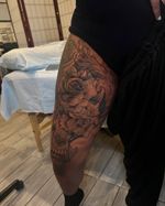 Super realism L E G • S L E E V E Of some of my favorite things roses , filigree & animal skull in the making. We Plan to fill entire skin on this one. Trust in the process 🫡 taking appointments Garden City & Ridgewood