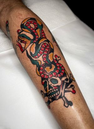 Deadly combination. Made at Leather lane tattoo, London #traditional #snake #skull #london #classictattoo