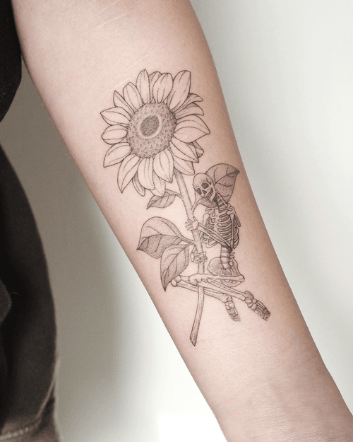 Skeleton on Sunflower Tattoo