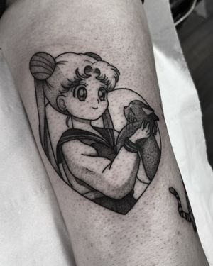 Capture the magic of Sailor Moon with this stunning anime tattoo by Barbara Nobody. Transform into a guardian of love and justice with this beautiful design.