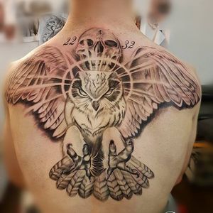 Steven's Work #backpiece #owl #skull