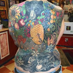 Jen is thrilled that she just completed this Maine Black Bear through the seasons. Full back piece yesterday, left arm sleeve by Wil #sanctuarytattoo #portlandmainetattoo #backpiece
