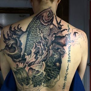 Her back piece is still in progress. #blackfishtattoo #blackfishtattoonyc #blackandgreytattoo #backtattoo #back #blackandgrey #nyctattoo #koifishtattoo #koi #koifish #japanesestyletattoo #japanesetattoo #japanese #japanesestyle