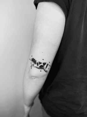 Delicate black and gray tattoo of a cute cow surrounded by stars, done by artist Timmy.