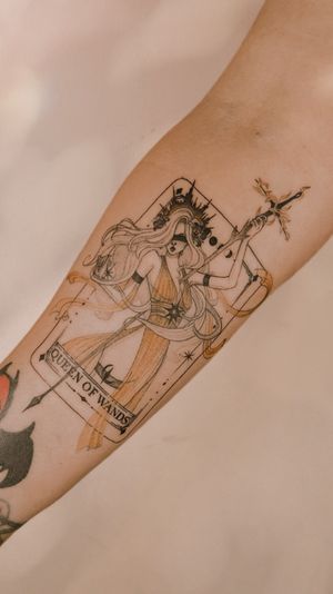 Custom tarot cards, Queen of Wands on the forearm, fine line illustrative style