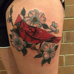 Cardinal and flowers by Bob Haase #chicagotattooartist #americantraditionaltattoo #traditionaltattoo #chicagotattooshops #tattooflash